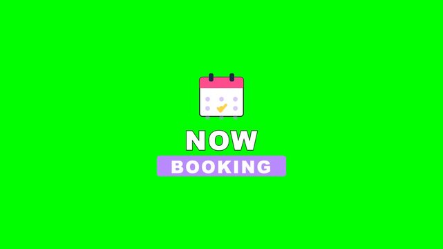 4K green screen NOW BOOKING beauty salon badge - a calendar and a booked-date check, animated salon promo overlay for beauty and social media reels, chroma key