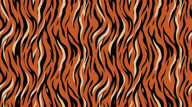 Seamless tiger fur pattern with vertical black and brown stripes on a light tan background texture