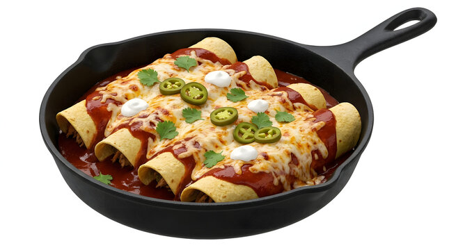 Cheesy beef enchiladas topped with jalape&ntilde;o and sour cream, served bubbling in a cast iron skillet.
