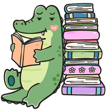Kawaii Crocodile Reading a Book Beside a Stack of Books Hand Drawn Illustration
