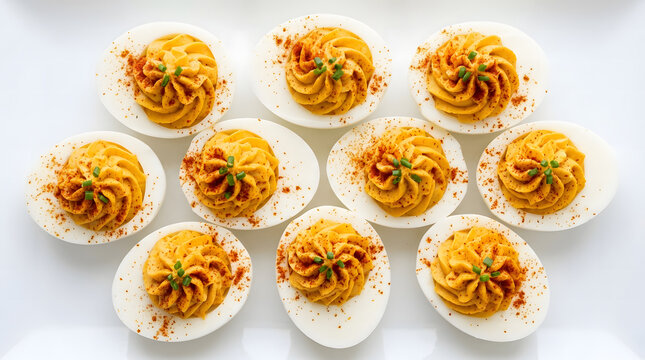 A tray of nine deviled eggs piped with creamy filling and dusted with paprika.