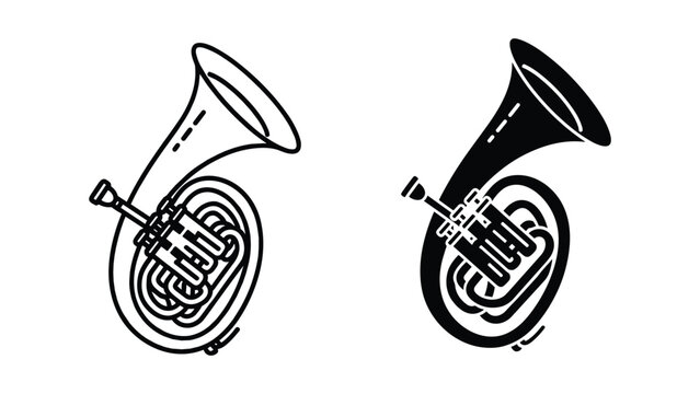 French horn icon set, musical instrument vector illustration, brass wind instrument isolated on white background