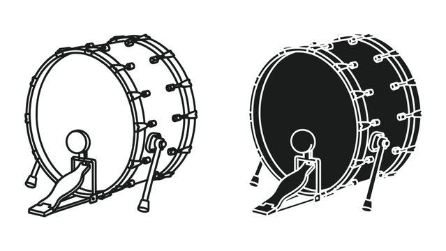 Bass drum with pedal vector illustration, musical instrument icon, drum set element, percussion instrument, isolated on white background