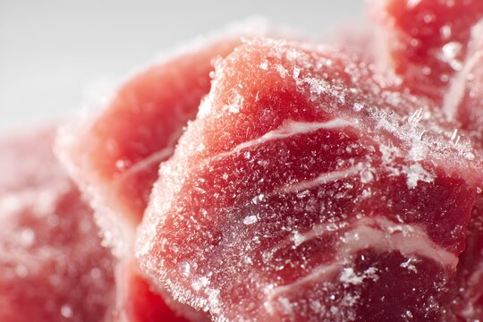Frozen raw red meat with frost texture closeup