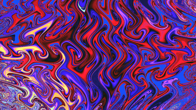 Psychedelic abstract liquid marble texture, vibrant red and blue swirling fluid background, trippy distorted wave pattern for creative design