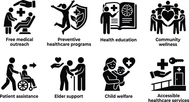 Community Healthcare and Patient Support Vector Icon Set for Public Health and Wellness Services