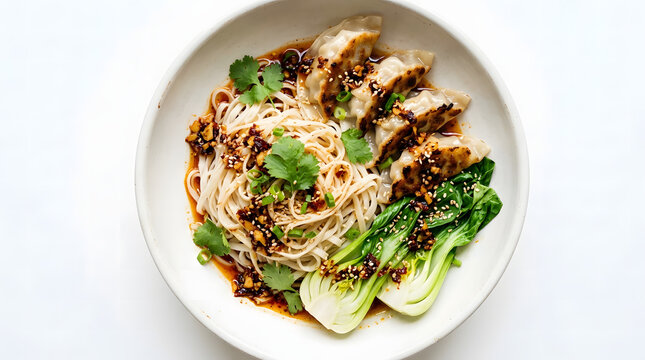 A bowl of chili oil noodles paired with pan-fried dumplings and blanched bok choy.