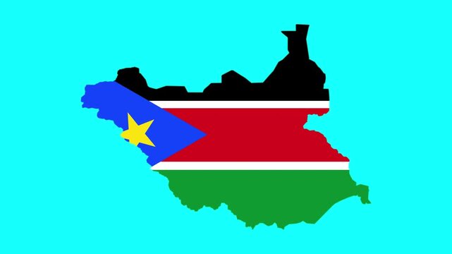 South Sudan map pop animation with flag colors and green background