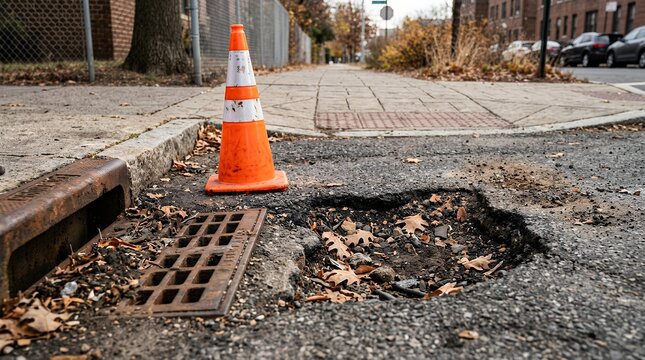 Deep asphalt pothole on city street with orange traffic cone, damaged road surface near sewer grate, urban infrastructure maintenance and repair