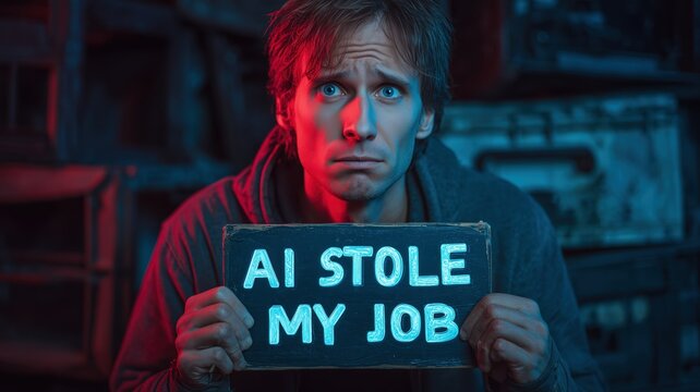man holding sign about job loss due to ai