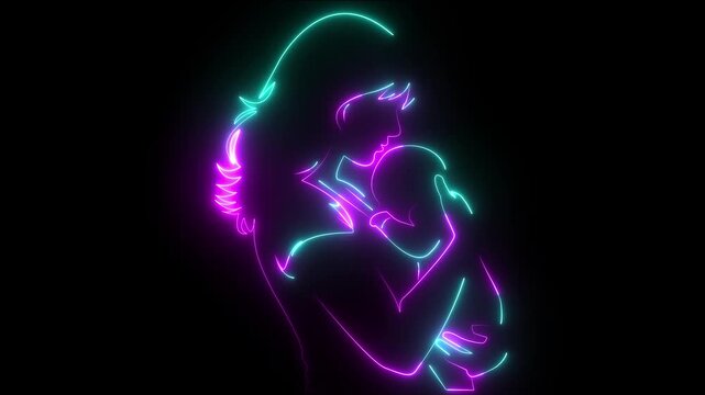 Abstract Luminous Mother Holding Child in Glowing neon Lines on Black Background