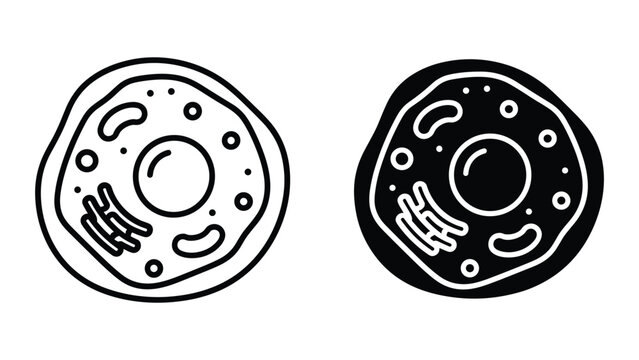 Animal cell icon set, vector illustration of a biological cell with nucleus, mitochondria and endoplasmic reticulum, simple outline and solid silhouette styles