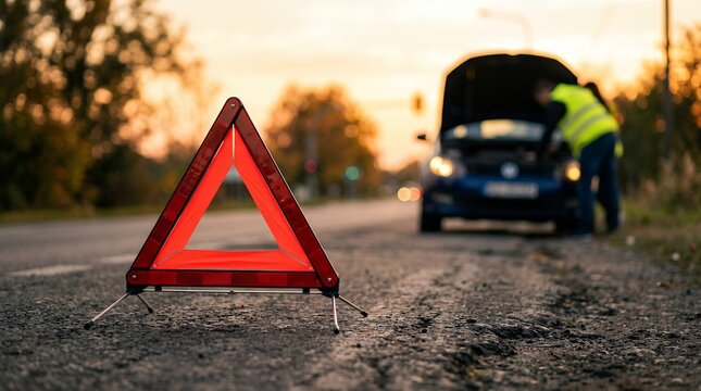Red emergency warning triangle on asphalt road, broken down car with open hood at sunset, roadside assistance and vehicle breakdown concept