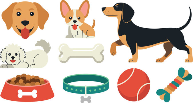 Cute Dog Breeds and Pet Care Vector Icon Set with Golden Retriever Dachshund Corgi Food Bowl Collar Ball and Bone Toys for Veterinary Designs