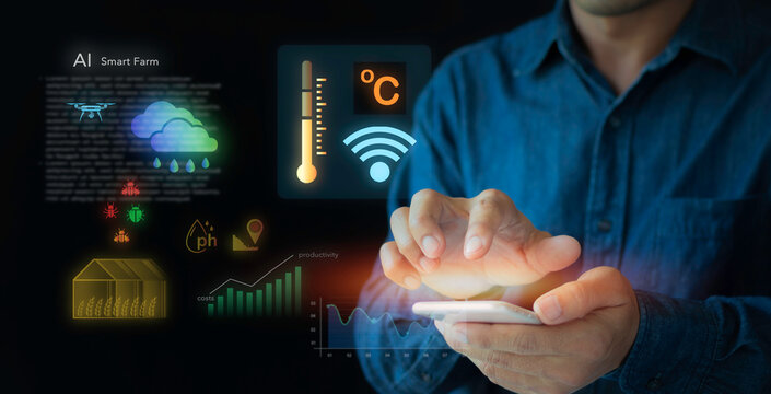 Farmer holding smartphone with smart farm interface for precision agriculture. Concept of AI drone monitoring, temperature control, pest management, and crop yield optimization.