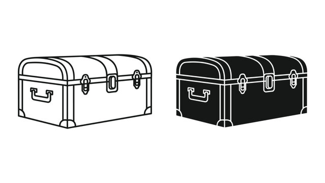 Set of treasure chests, outline and silhouette style icons vintage wooden trunks for storing gold, jewelry and pirate loot vector illustration isolated on white background