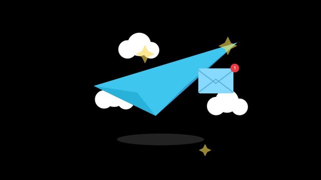 Animated blue paper plane flying with email notification icon on black background.
