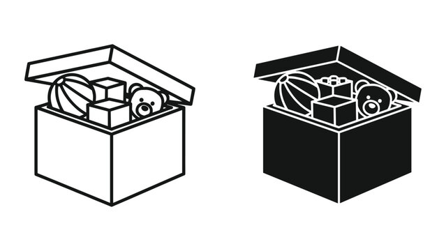 Toy box icon set, simple style collection of open boxes with toys like teddy bear, ball and blocks inside, isolated on white background