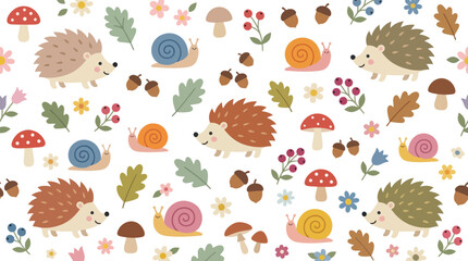 Cute hedgehog and snail autumn forest seamless pattern. © Markilus