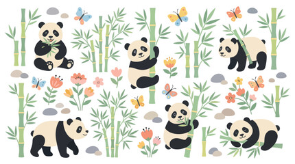 Cute giant panda bears with bamboo and floral pattern © Markilus