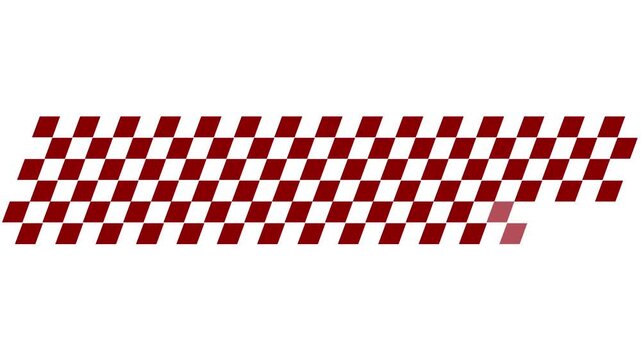 Animated red checkered racing flag pattern reveal on white background, finish line speed