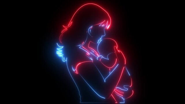 Abstract Luminous Mother Holding Child in Glowing neon Lines on Black Background