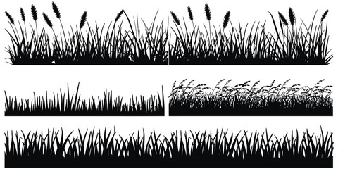 Obraz premium Meadow silhouette horizontal banners featuring minimalist black and white grass illustrations arranged for landscape design and natural background compositions.