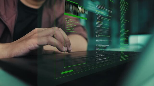 Hacker using public Wi-Fi network to break into secure system. Screen shows code overlay and target access attempt. Concept of cyberattack, data breach, unsecured connection, and cyber threat.
