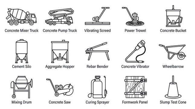 Concrete construction machinery and cement tool icons set.