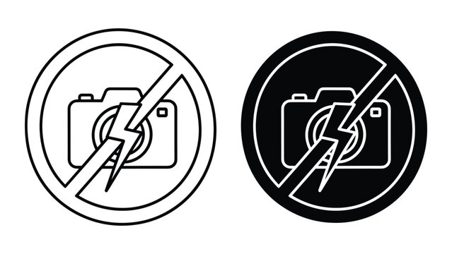No flash photography sign icon set vector illustration of a camera with a lightning bolt symbol crossed out, indicating a prohibition on using camera flash