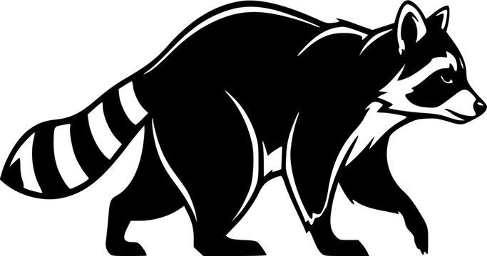 Raccoon walking on all fours in side profile view. Cute cartoon animal mascot vector illustration with clean line art and bold black and white stri...