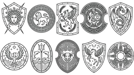 Ancient Greek shields and heraldic emblems, 10 mythological warrior icons, black and white vector crests with medusa and mythical creatures © Saber