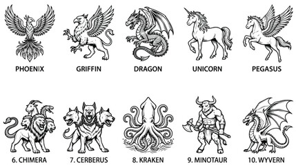 Fototapeta premium Mythological creatures vector set, 10 fantasy monster icons including dragon and phoenix, heraldic beast line art for gaming and logos