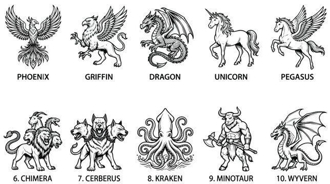 Mythological creatures vector set, 10 fantasy monster icons including dragon and phoenix, heraldic beast line art for gaming and logos