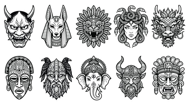 Mythological creature masks and deity heads set, 10 black and white vector icons, ancient god and monster illustrations for tattoo design