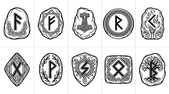 Viking rune stone icons set, ancient nordic futhark symbols on rocks, 10 black and white celtic knot vector illustrations for mythology design