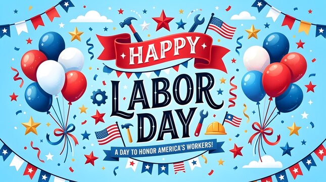 Happy Labor Day greeting card design. Patriotic holiday background with balloons and tools.