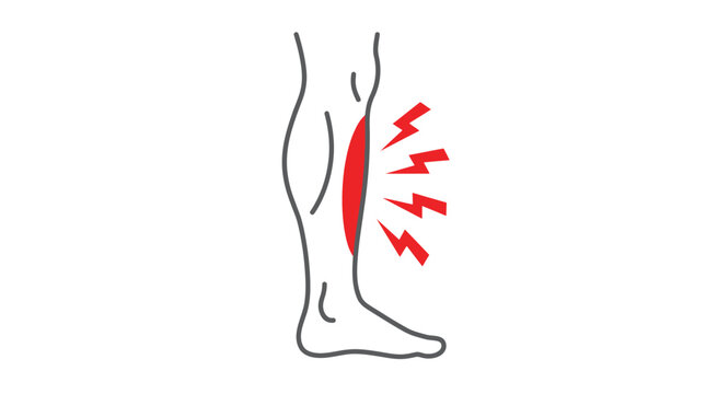 Minimalist vector illustration showing a human leg with red lightning bolt symbols indicating muscle pain