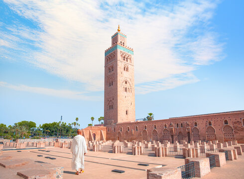Koutoubia Mosque minaret at medina quarter in the morning. Marrakesh, Morocco.