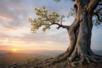Fototapeta premium Resilient Blossoming Tree at Dawn After Hardship