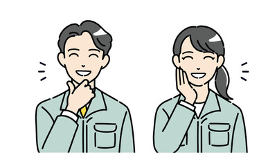 Fototapeta premium 笑顔で納得する作業服を着た若い男女のイラストセット 正面