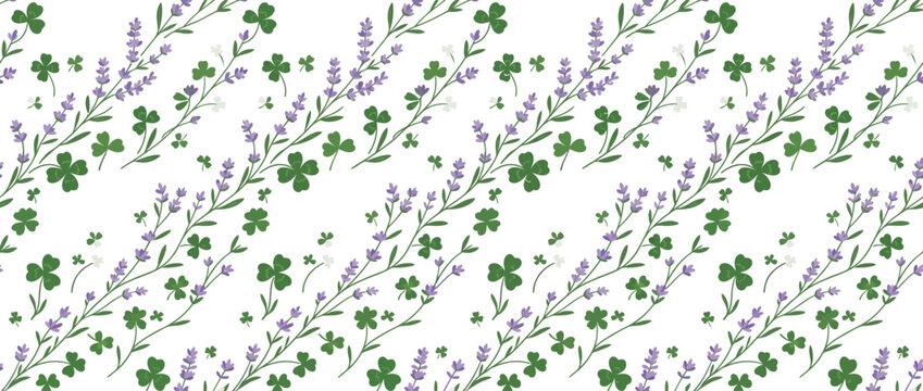 Seamless Pattern of Lavender Flowers and Clover Leaves