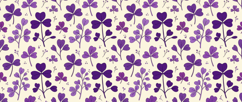 Seamless Pattern of Purple Clover Leaves on Cream Background