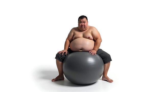 Overweight Man Sitting on Exercise Ball Studio Portrait.