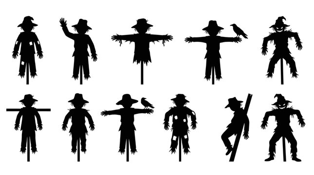 Silhouettes of scarecrows in various poses, Halloween vector illustration.