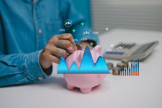 Person putting coin in piggy bank finance and savings concept with piggy bank investment growth chart, financial planning, wealth management, budgeting profit analysis passive income financial success