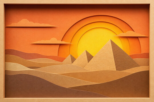 Layered paper cut pyramids at desert sunset