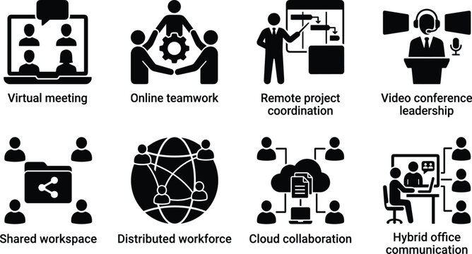 Remote Team Collaboration Black Silhouette Icon Bundle for Virtual Meetings and Cloud Communication