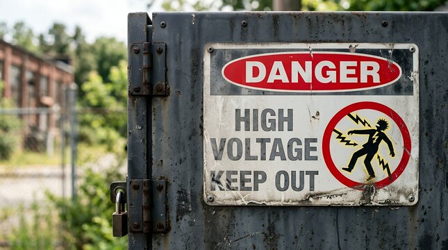 Danger high voltage keep out sign on weathered metal gate, industrial safety warning notice, electric shock hazard alert at abandoned facility