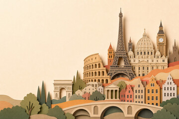 Naklejka premium Layered Paper Cut European Landmarks Travel Background